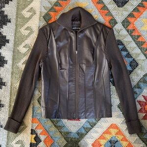 90’s Révue Wool Blend Knit Sweater Genuine Leather Front Shoulders Tailored